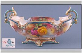 Royal Worcester Hadley Ware Hand Painted Gondola Shaped Bowl, roses decoration. Date 1906.