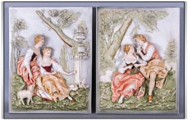 Pair of German Bisque Romantic Wall Plaques, one showing a couple in 18thC country dress, the young