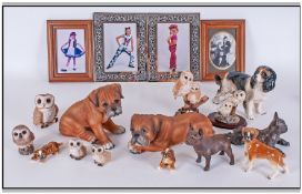 A Collection Of Approximately 11 Figures, resin and pottery. Depicting dogs and owls.