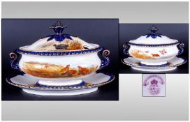 Royal Worcester Hand Painted Vitreous Lidded Sauce Boat & stand. `Birds in a woodland setting`.