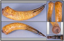 American Powder Horn, Dated 1816 And Also Carved With Native Indian Symbols. A rare documentary