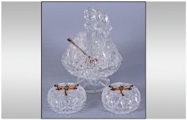 Crystal Cruet Set With Silver Spoon. Together with 2 crystal pin dishes with dragonfly motif (brass