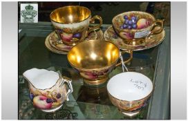 Aynsley Part Tea Set. All decorated with fruits design. Comprising 3 cups, 3 saucers, sugar and