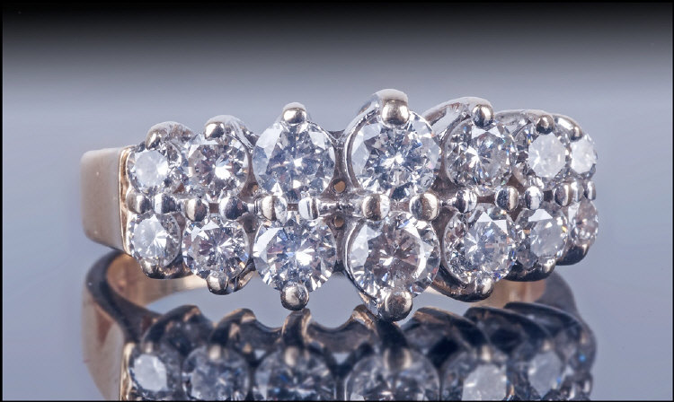 Ladies 18ct Gold Cluster Ring, Set with two rows of round brilliant cut diamonds. Estimated diamond