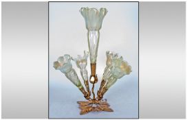 Victorian Yellow/Green Opaline Glass 5 Flute Epergne. The fluted with crinkled tops on a gilt metal