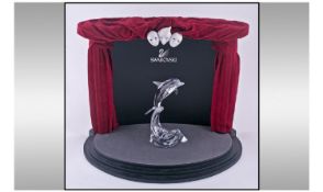 Swarovski Silver Cut Crystal Maxi Dolphin Figure. Designer M Stamey. Complete with box theatre set,