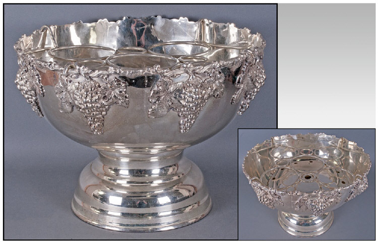 Large Silver Plated Punch Bowl Of Good Quality, decorated with applied bunches of grapes to sides,