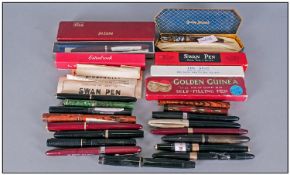 Collection Of Fountain Pens. Comprising Joy Curzons Ltd green marbled fountain pen, black Parker