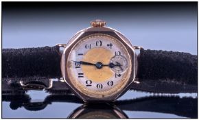 Art Deco Octagonal Shaped 9ct Gold Mechanical Wristwatch. with silver & gold dial. Fitted to an
