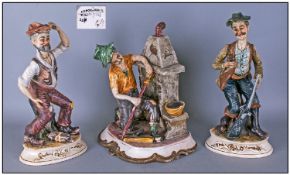Three Capo Di Monte Figures Including Hunter with rifle, Man sat on tree stump & Chimney Sweep.