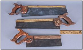 Three Antique Brass Mounted Saws, with wooden shaped handles with makers mark G.P Preston,