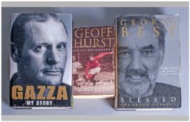 Football Autographs In Books (3) to include George Best, Geoff Hurst, Paul Gascoigne.