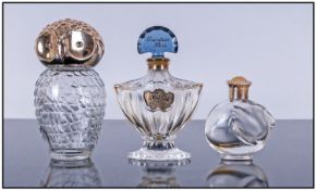 Three Small Vintage Glass Scent Bottles. One boxed. Guerlain Paris with blue glass stopper and