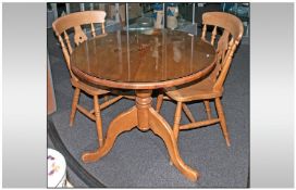 Modern Circular Pine Table and 2 Chairs, glass protective top, 35 Inches in diameter.