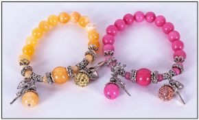 Set of Two Quartzite Charm Bracelets, one deep pink, one butter yellow, each comprising different