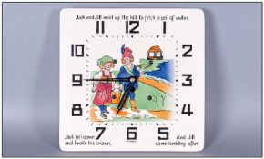 Jack & Jill 1930`s Square Shaped Metal & Porcelain Nursery Rhyme Wall Clock. 8.25x8.25``.