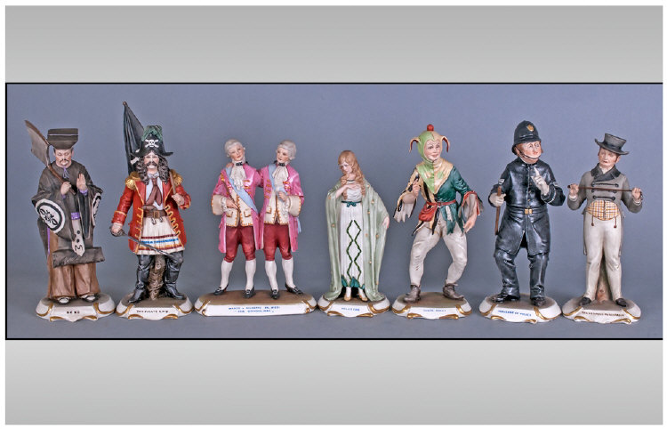 Capodimonte Porcelain Set Of 8 Signed Gilbert & Sullivan Early Figure, Circa 1970`s. Signed Bruno