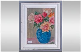 Oil Painting On Canvas Stuck To Board, depicting a vase with roses painted in the impressionist