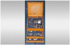 Wooden Jewellery Box, Hinged Lid With Two Drawers And Fitted Interior. Containing A Collection Of