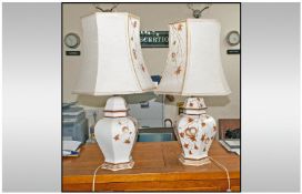 Pair Of Large Italian Designer Table Lamps Of Fine Quality. Brown floral decoration on white