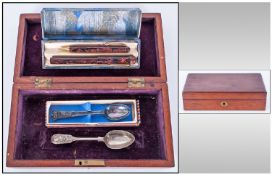 Wooden Box Containing boxed fountain pen & propelling pencil & 2 boxed spoons.