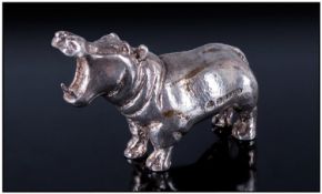 A Fine Silver Realistic Miniature Figure Of A Hippo. Hallmark London 2000 and marked 925. 4 ozs,