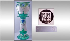 Mintons Art Nouveau Large Jardiniere and Stand with stylized blue flowers on white ground. Green