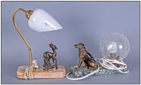 Two Marble Based 1940`s Electric Lamps, one with a metal figure of a baby deer and the other with a