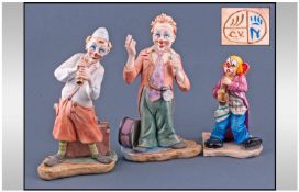 Capodimonte Handpainted Clown Figures, 3 in total. Tallest figure 8`` in height.