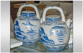 Two Large Blue and White Oriental Style Ceramic Teapots. With Boat and Garden Scenes to the
