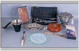 An Assortment Of Collectables. Comprising a draughtsman set, metal travelling cups, silver plated