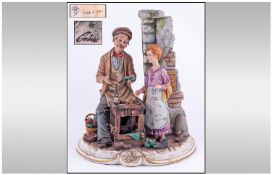 Capodimonte Signed & Impressive Early Figure `The Cobbler & Young Assistant` Signed Cortese. Stands