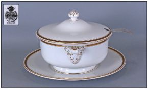 Mintons Large Tureen and Cover, with plate and serving spoon. Fully marked to base, gold trim on