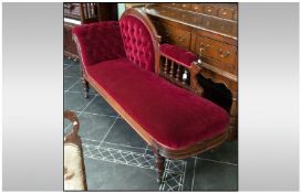 Victorian Mahogany Chaise Long, arched carved back with turned spindles, carved scroll rest with