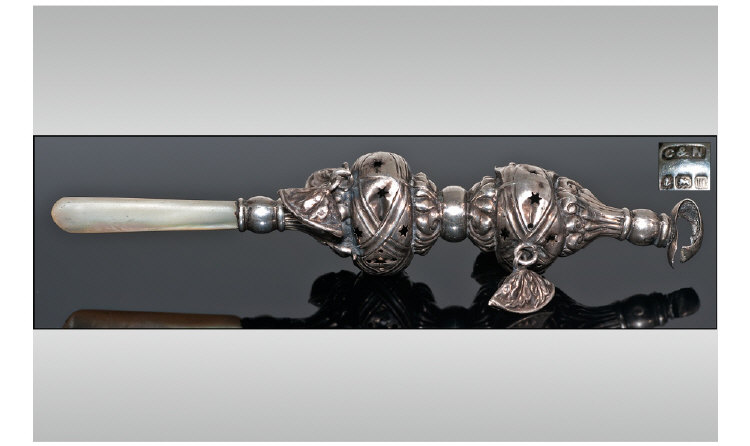 Edwardian Silver And Pearl Handle Baby`s Rattle. Hallmark Birmingham 1911. Length 5 inches. Used