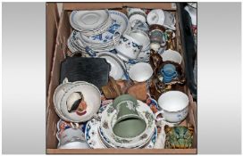 Miscellaneous Box Containing Oriental Figures, Part Tea Sets, Royal Doulton `Mine Host` character