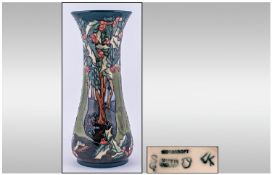 Moorcroft Very Fine Tall Vase, `Holly Hatch` Design, Issued 1997-98. Excellent vase. Stands 12.25``