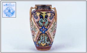 Noritake Fine Hand Painted 3 Handled Vase. Persian style design. Circa 1910-1920. Stands 6 inches