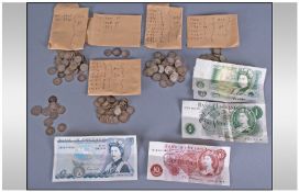 Small Collection Of Mostly 3 Pence GB Coins, all pre 1947. Plus 5 bank notes.