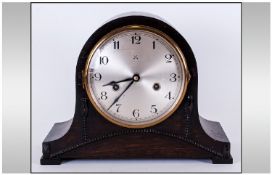 Oak Cased Mantel Clock, silvered dial, Arabic Numerals c 1930`s.
