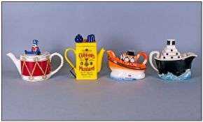 A Good Collection Of Handpainted Vintage Novelty Teapots, 4 in total, 1. Soldier & Drum Teapot, 2.