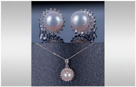 Pair Of Ladies 9ct White Gold Diamond Stud Earrings, set with a single central pearl surrounded by