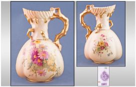 Royal Worcester Hand Painted Blush Ivory Naturalistic Branch Handled Ewer/Jug. Date 1909. With wild