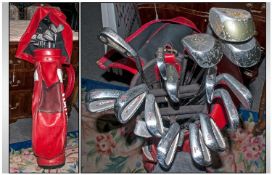 Collection Of Various Golf Clubs In Red Spalding Golf Beg together with golfing shoes