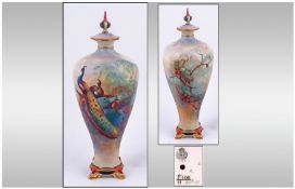 WITHRAWN/Royal Worcester Fine Hand Painted And Signed Tall Lidded Shaped And Tapered Vase. Peacock