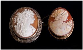 Two Shell Cameo Brooches In Silver Frames, one depicting a Roman lady with flowers in her hair.