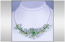 Prehnite, Green Quartz and Freshwater Pearl Omega Necklace, the pale green prehnite forming the