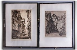 Two Black and White Etchings one by Axel. H. Haig of a Continental street scene in Normandy. 21 by