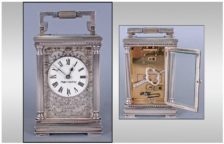 Mappin & Webb Fine Silver Plated Delux 8 Day 1960`s Carriage Clock, with corinthium columns to each