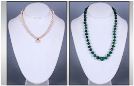 A Vintage Malachite Beaded Necklace, with silver clasp. Length 18 inches. Together with a pearl